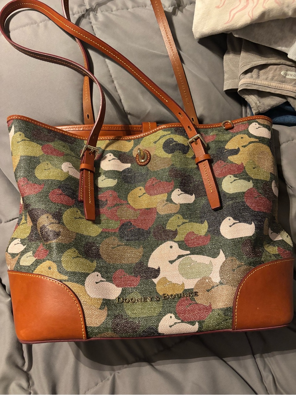 Dooney & Bourke Multi-Color Duck Print Canvas Tote with Tan Leather Trim